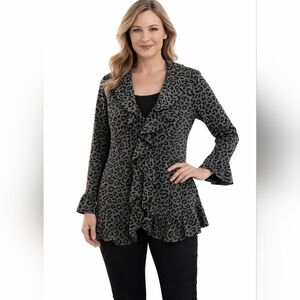 Sandro Studio Black Grey Leopard Print Ruffle Front Belted Blazer Size Small